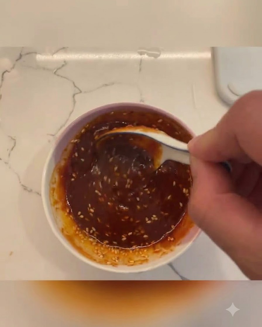 Una ciotolina con una salsa rosso scuro e semi di sesamo mentre viene mescolata con un cucchiaio.
