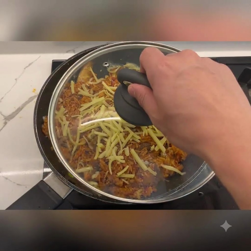 Una mano che tiene il manico di un coperchio di vetro posizionandolo saldamente su una padella piena di riso saltato e formaggio.