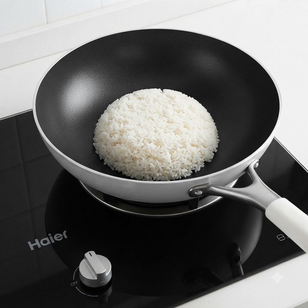 Riso bianco avanzato, pezzi di manzo e uova strapazzate allinterno di un wok capiente pronti per essere saltati.
