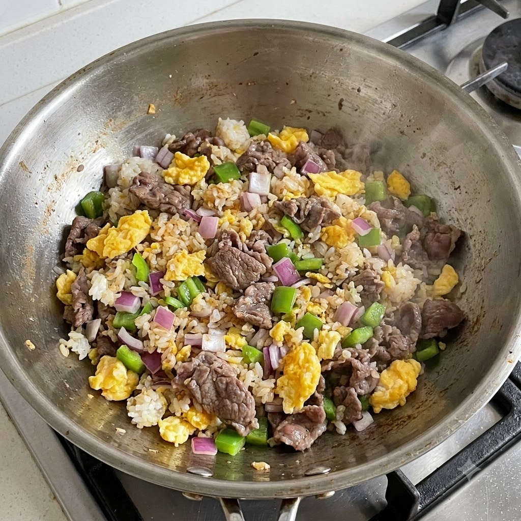 Cipolle rosse a dadini, peperoni verdi, manzo cotto, uova strapazzate e riso saltati insieme in un wok capiente.