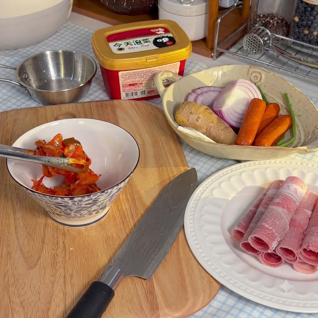 Pezzi di kimchi tagliati con le forbici da cucina allinterno di una ciotola di ceramica decorata.