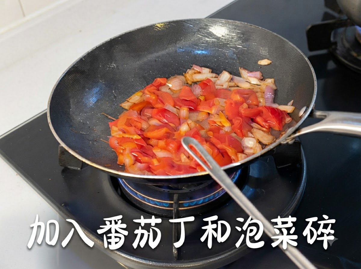 Pomodori a dadini e kimchi tritato saltati con le cipolle in una padella.
