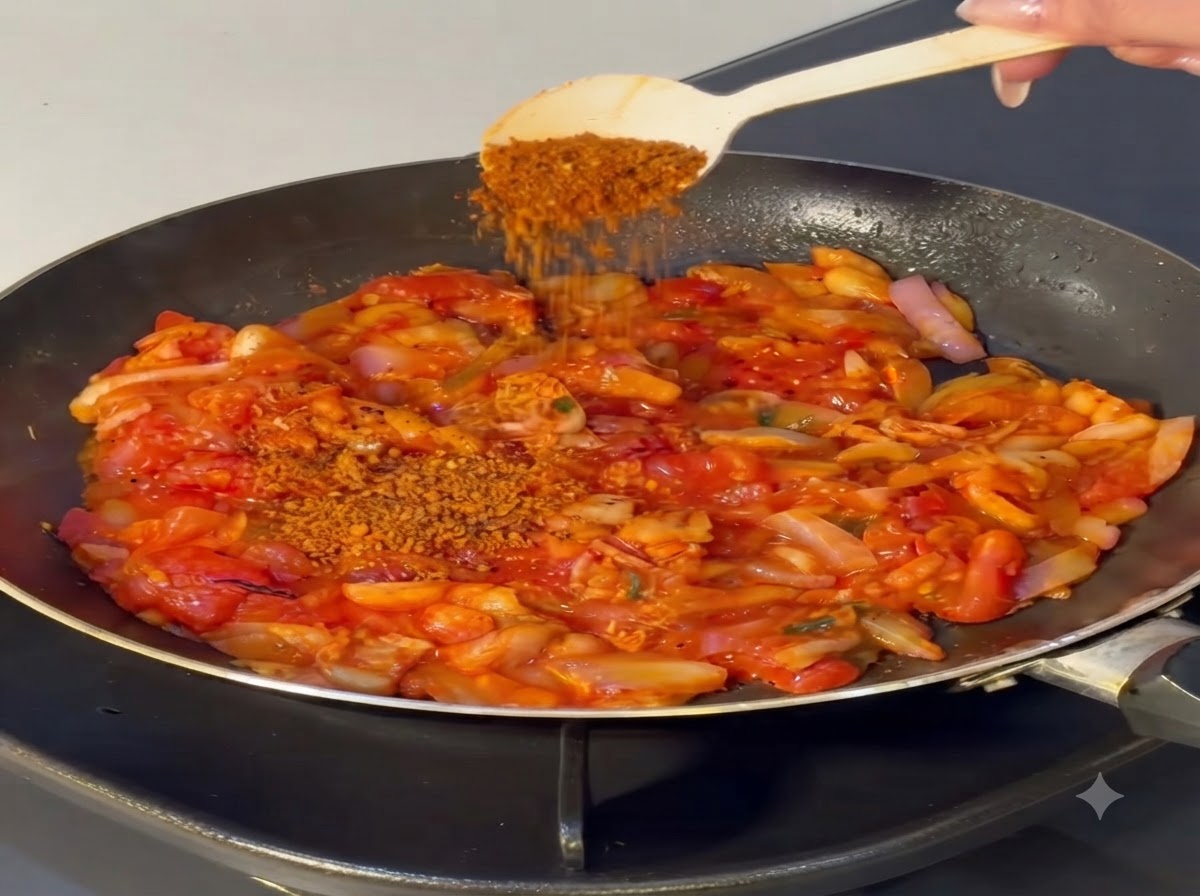 Un cucchiaio di peperoncino in polvere spolverato nel composto di pomodoro e cipolla.