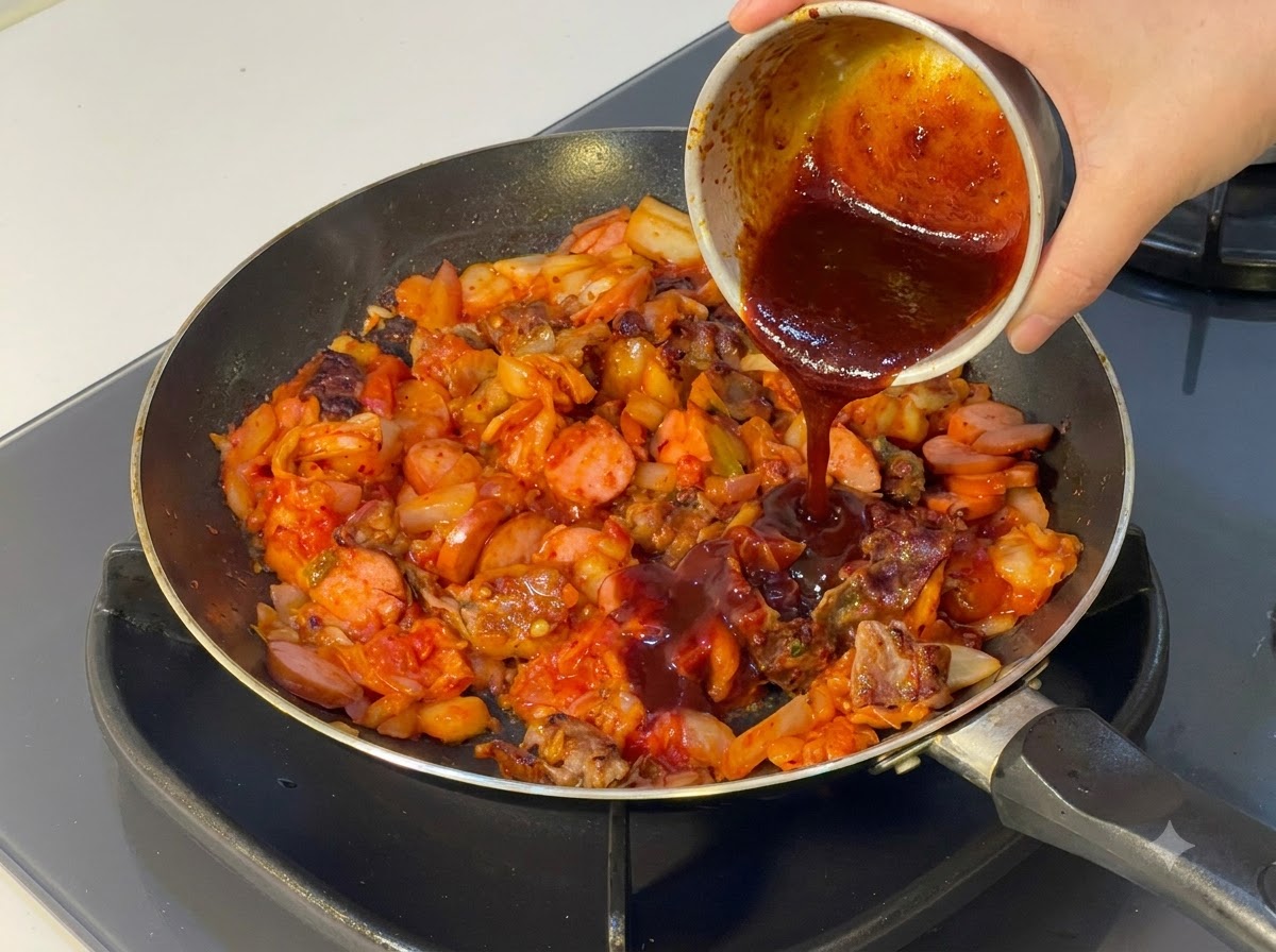 Salsa scura preparata versata da una piccola ciotola nella padella.