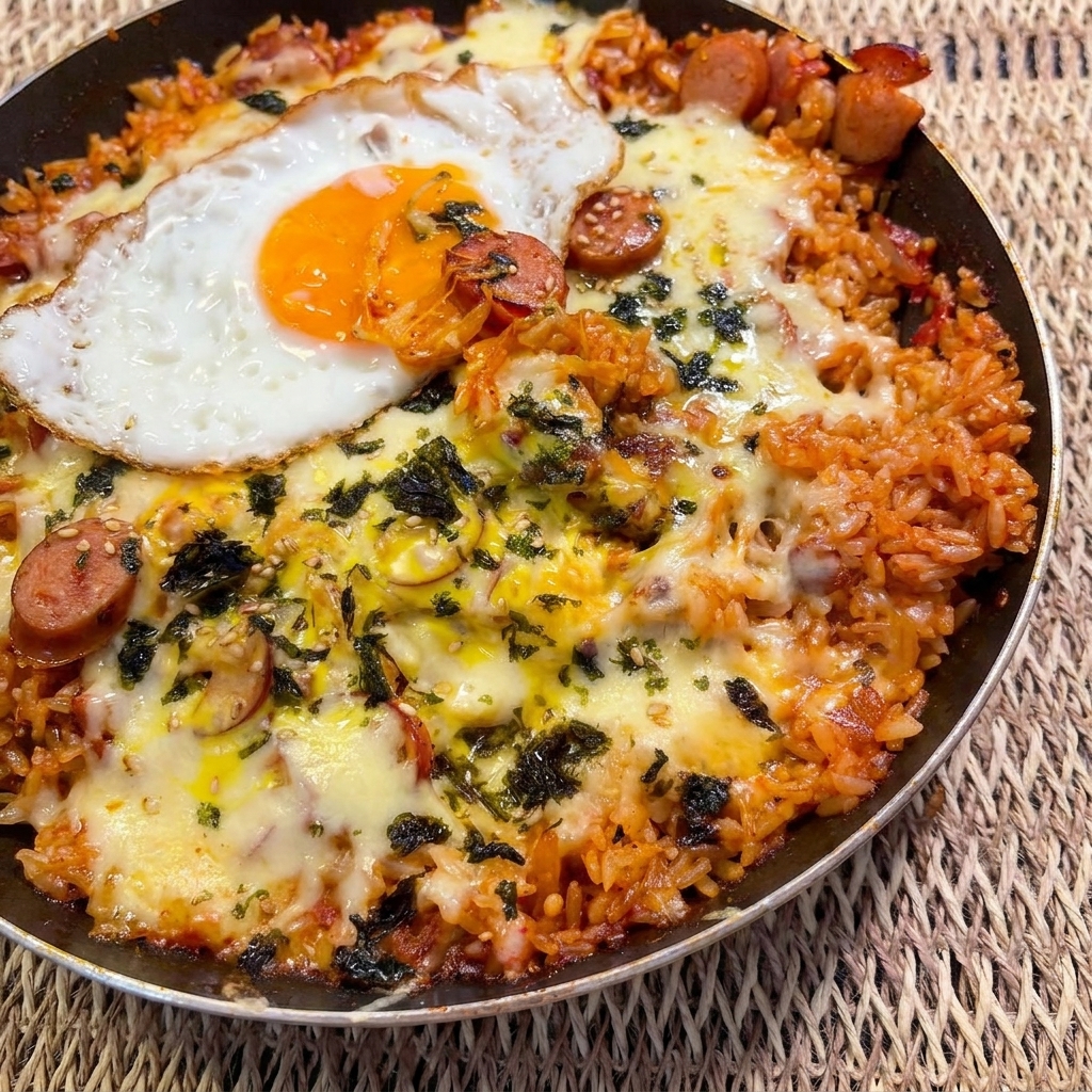 Uno strato di formaggio fuso a fette e mozzarella grattugiata cosparso generosamente sopra uno stufato di riso al kimchi in una padella.