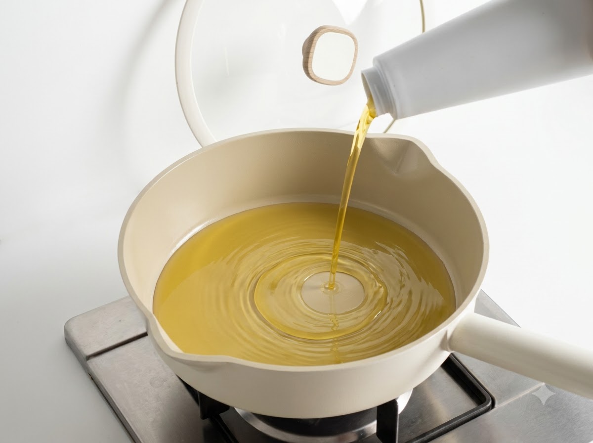 Cipolle e cipollotti affettati fatti saltare in olio in una padella dai colori chiari.