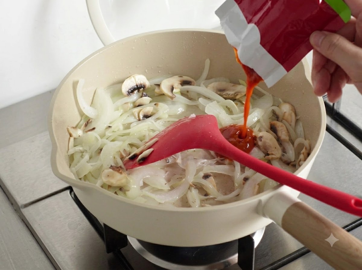 Kimchi confezionato versato nella padella con le verdure.