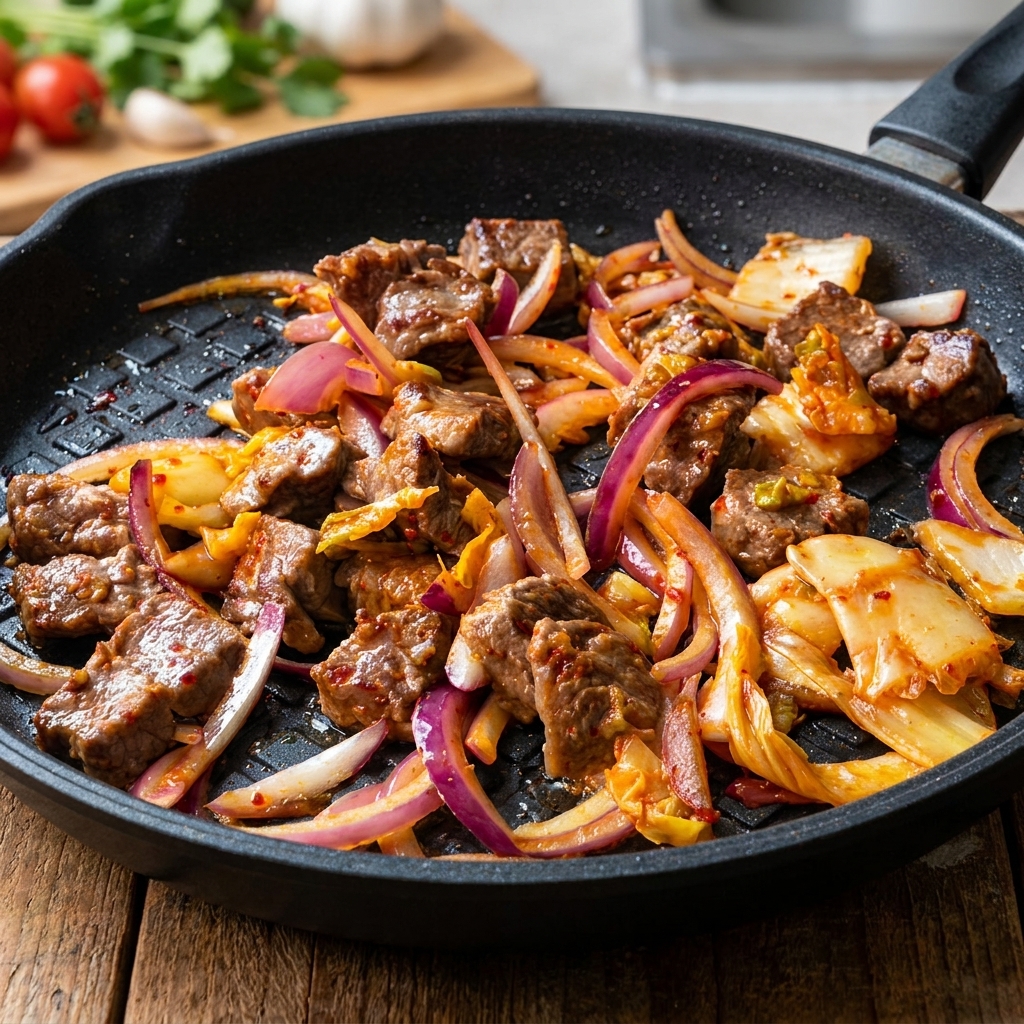 Riso cotto versato nella padella con la carne e le verdure cotte.
