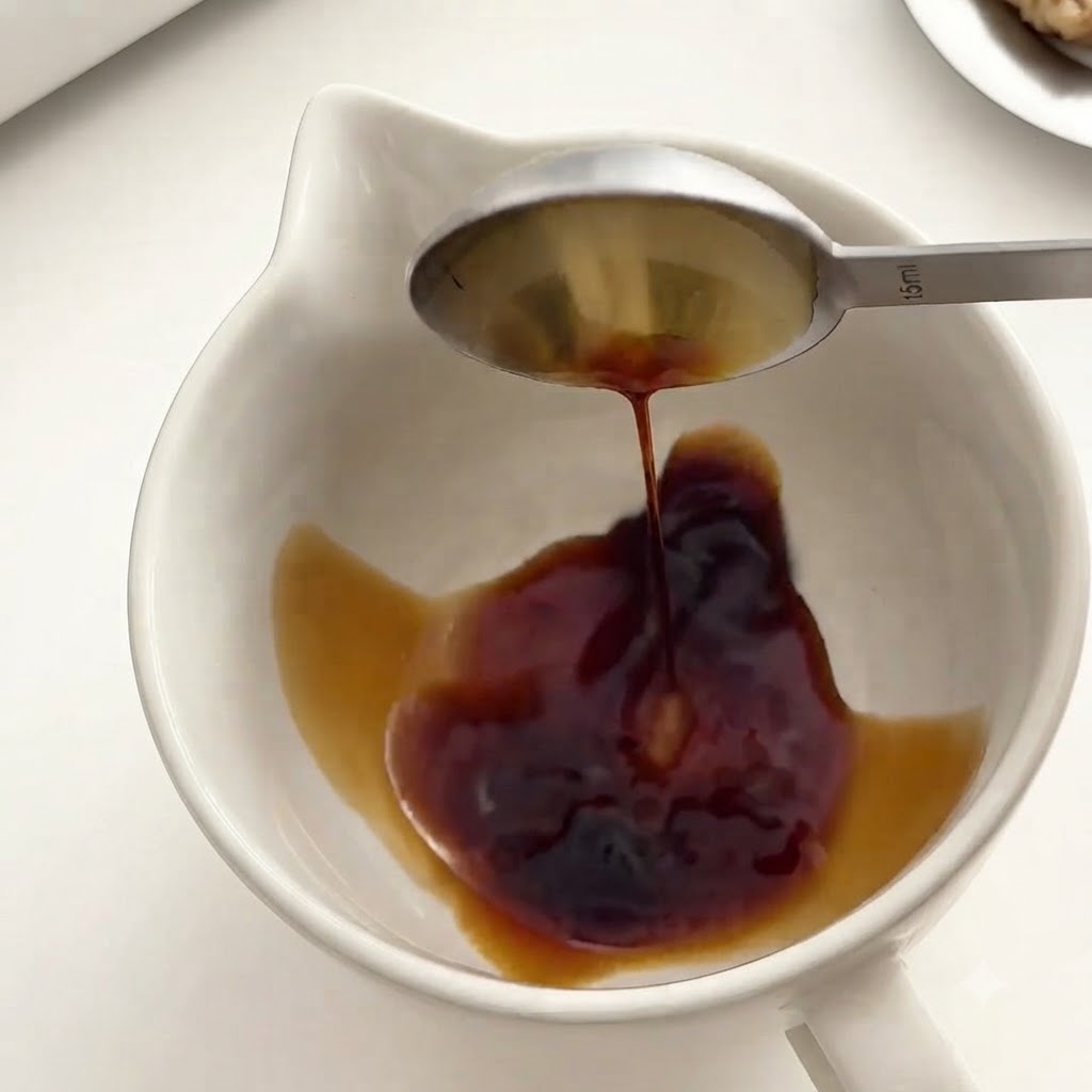 Salsa di soia scura versata da un misurino dargento in una ciotola bianca.