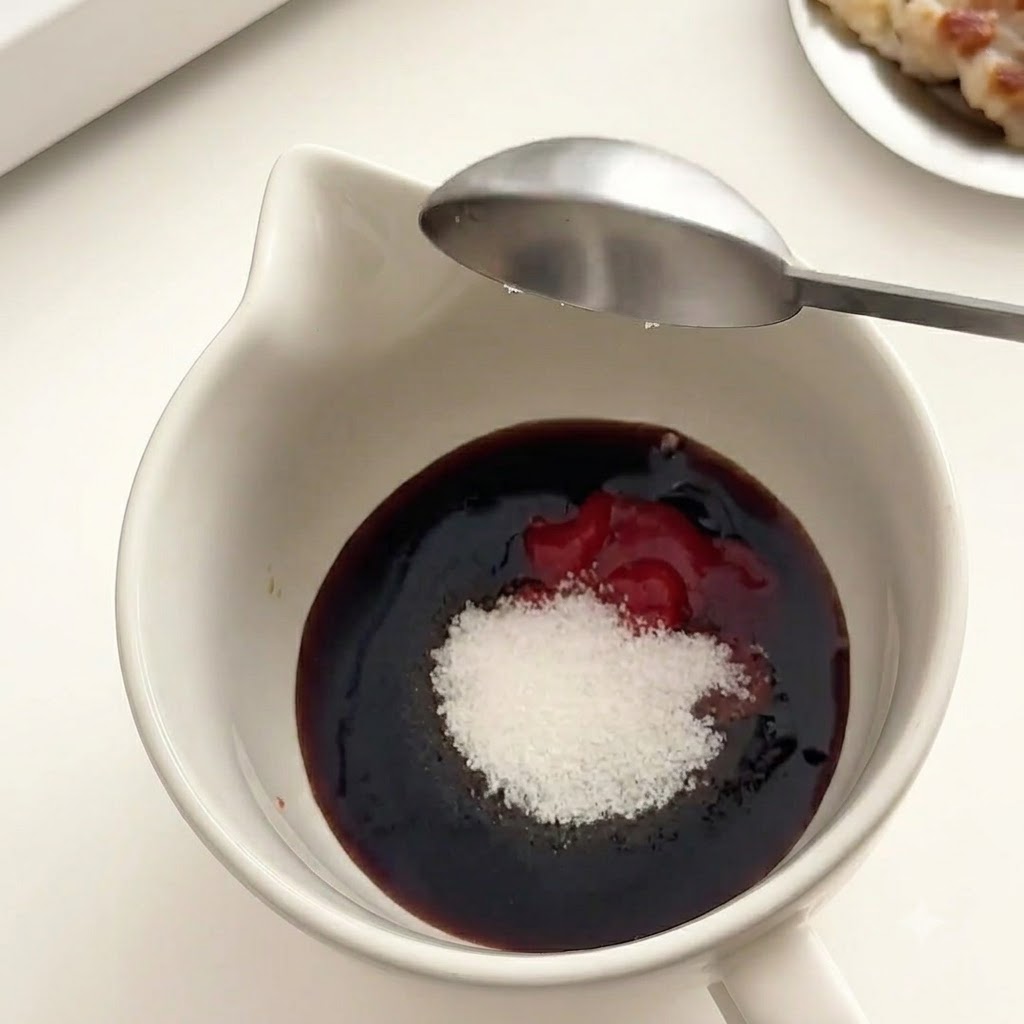 Un cucchiaio di densa pasta rossa di peperoncino coreana e zucchero bianco aggiunti alla ciotola della salsa.