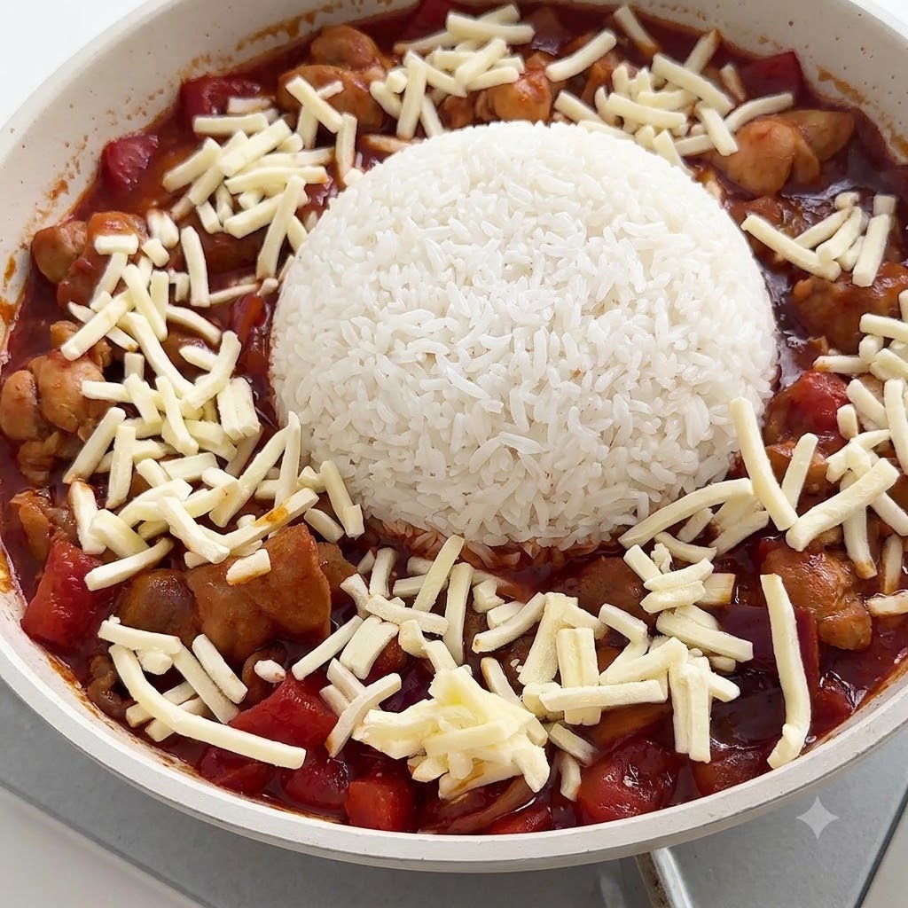 Mozzarella grattugiata sparsa uniformemente attorno a una cupola centrale di riso bianco in una padella con salsa rossa.