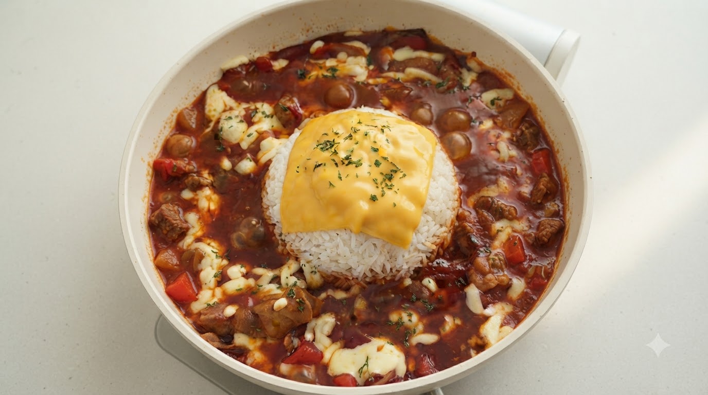 Una vivace padella di salsa di pomodoro e manzo che bolle attorno a una cupola di riso bianco ricoperta di formaggio fuso.