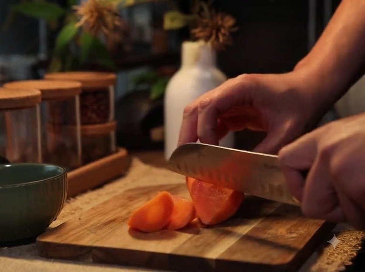 Un coltello da cucina affetta una carota fresca in pezzi spessi e diagonali su un tagliere di legno.
