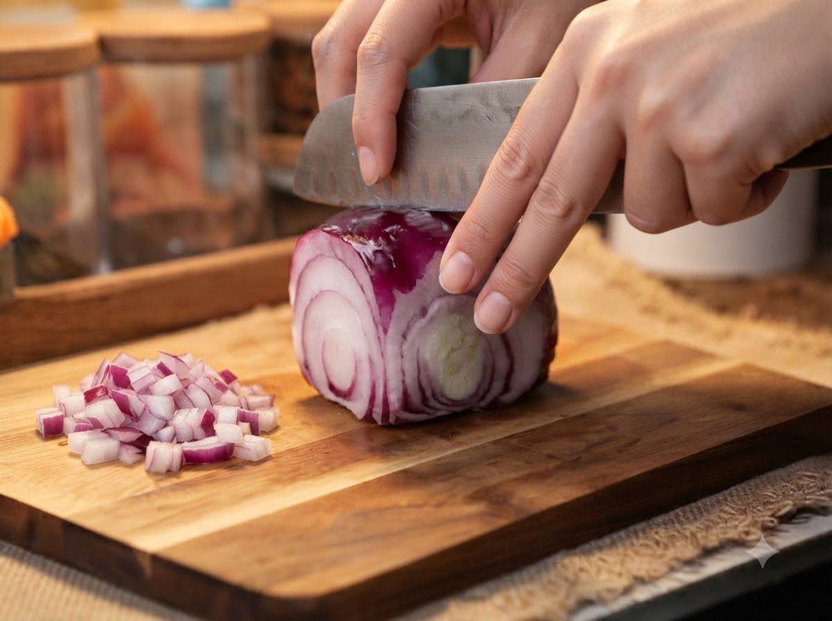 Mani che usano un coltello da chef per tritare una cipolla rossa su un tagliere di legno.