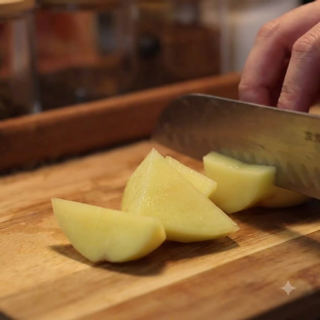 Un coltello che taglia patate pelate in grandi spicchi su un tagliere di legno.