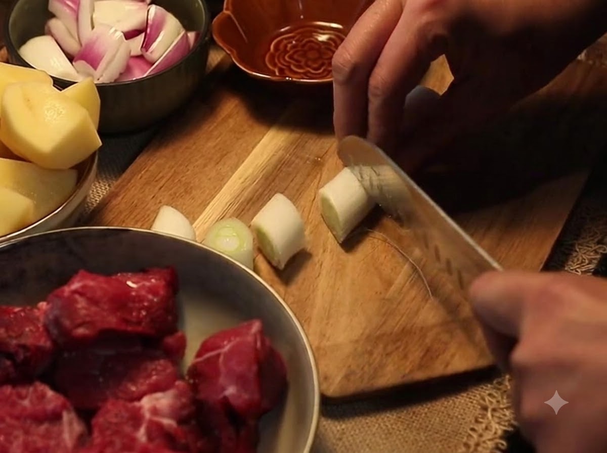 Un coltello che taglia un cipollotto in sezioni spesse su un tagliere di legno vicino a ciotole di verdure preparate e manzo crudo.