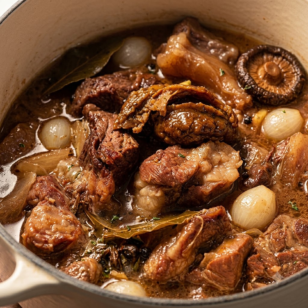 Pasta di curry densa aggiunta a una pentola di punta di petto di manzo cotta e cipolle nel brodo.