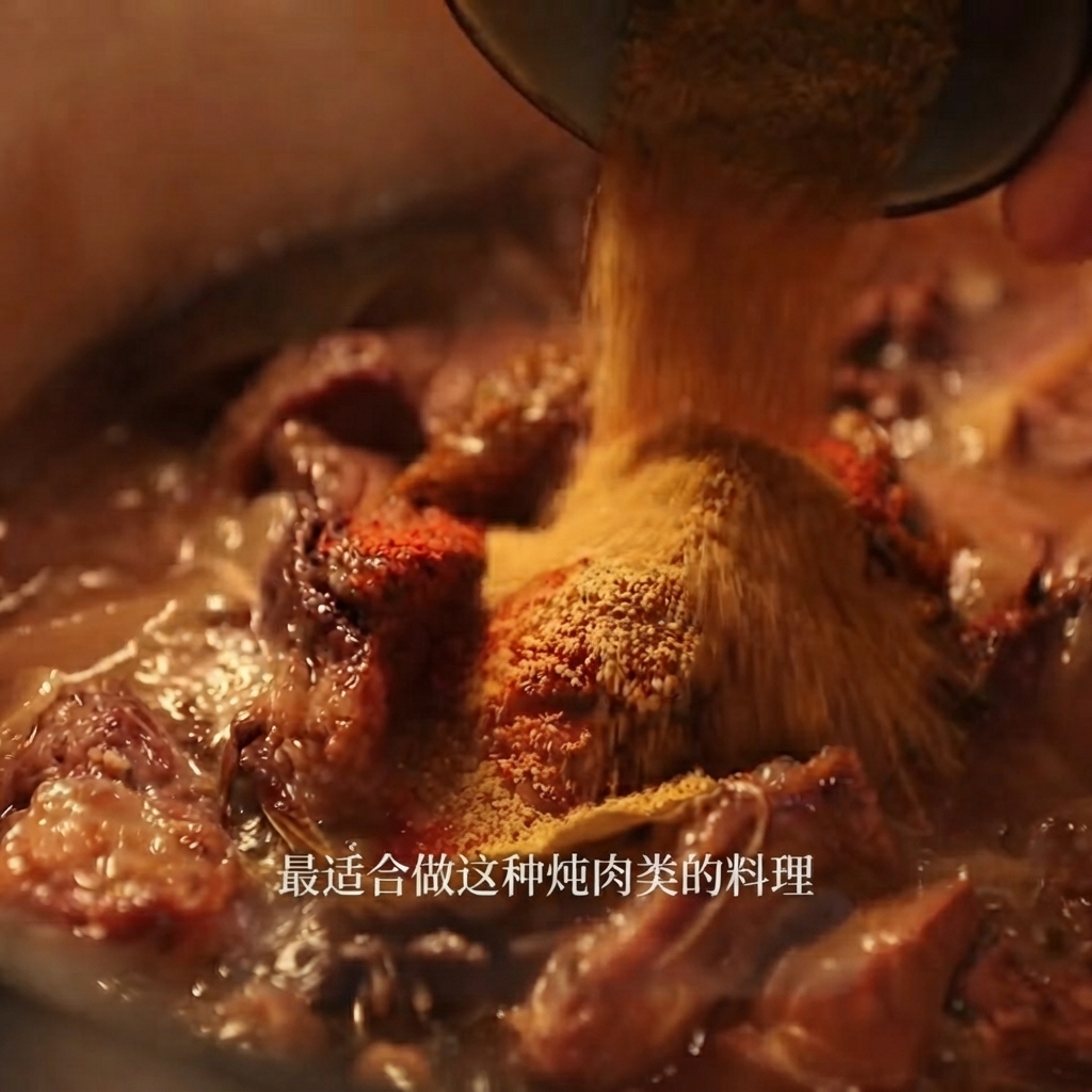 Curry in polvere e peperoncino in polvere versati da una ciotolina nello stufato.