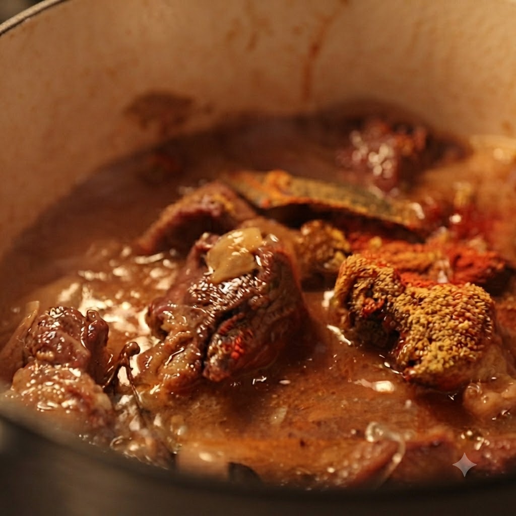 Ketchup di pomodoro mescolato nel curry e nel brodo di manzo in fermento.