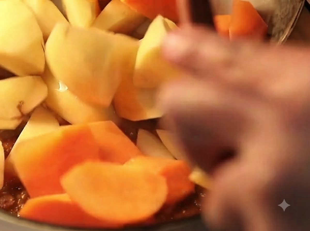 Pezzi di patate e carote pelate aggiunti nella pentola del curry di manzo.