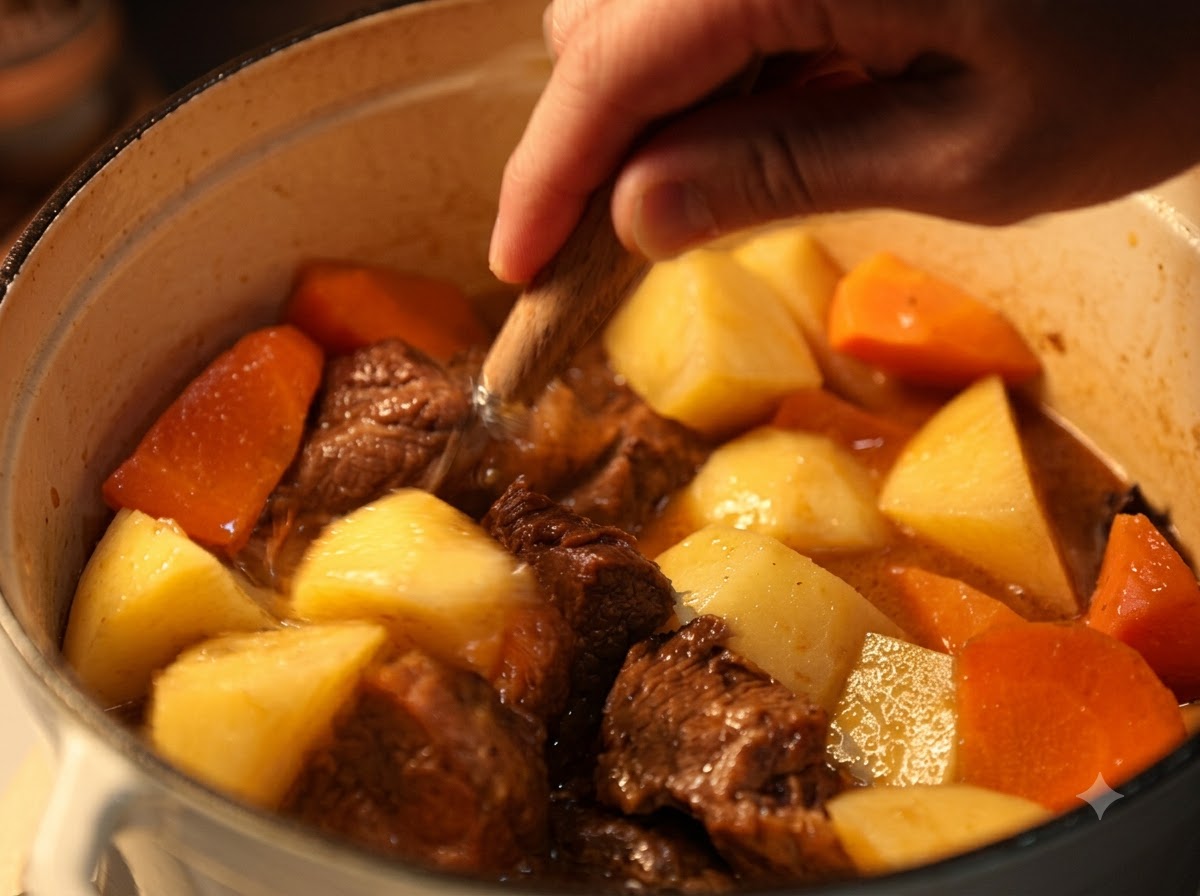 Una persona che mescola grandi pezzi di carote e patate in una pentola di curry di manzo.