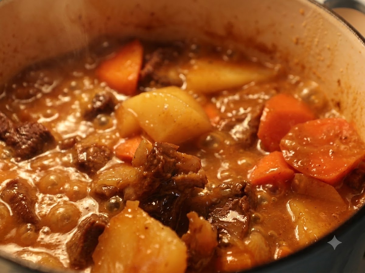 Una pentola ribollente di curry denso di manzo e verdure cotto a fuoco lento sui fornelli.