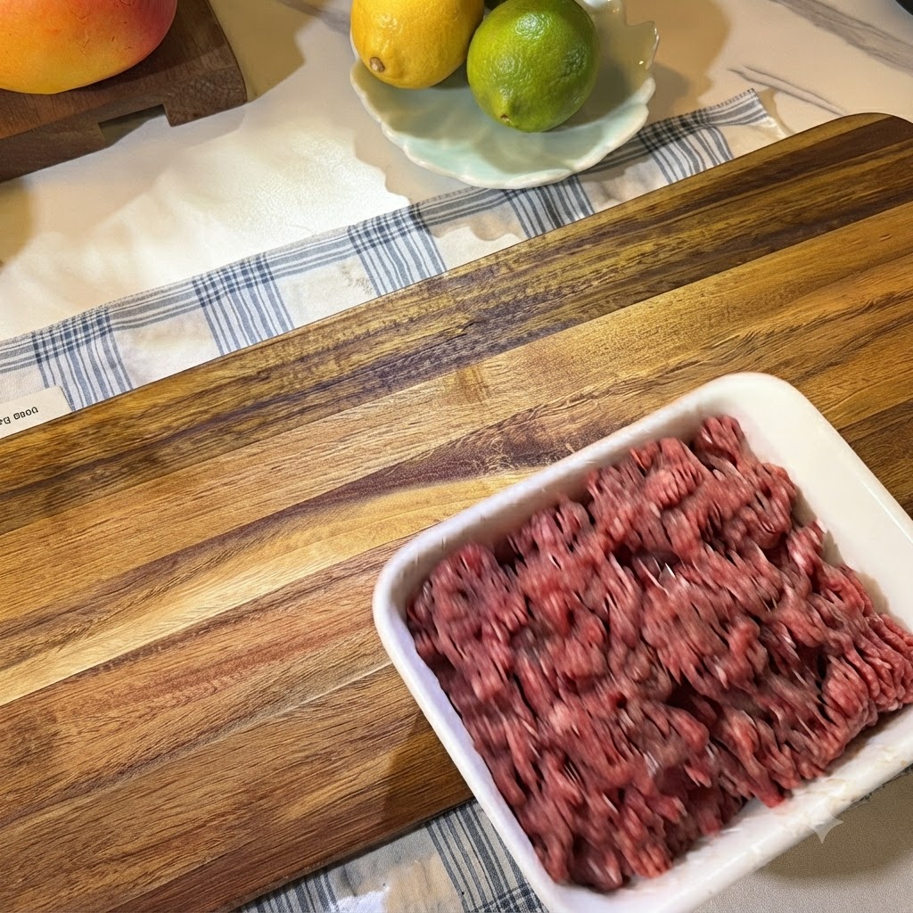 Manzo macinato crudo fresco confezionato allinterno di un contenitore bianco posizionato su un tagliere di legno vicino a dei limoni.