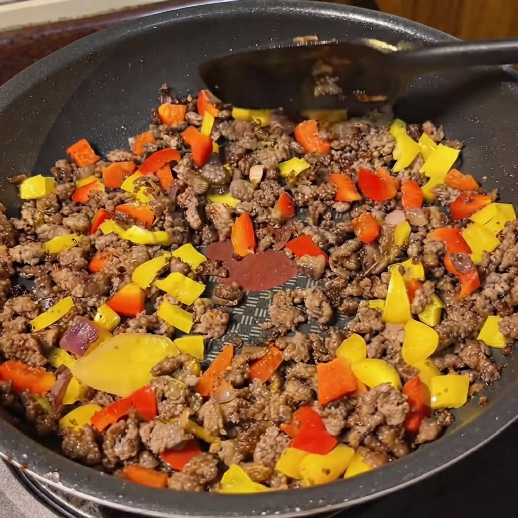 Salsa di curry giallo versata da un contenitore in una padella riempita di manzo e verdure miste.
