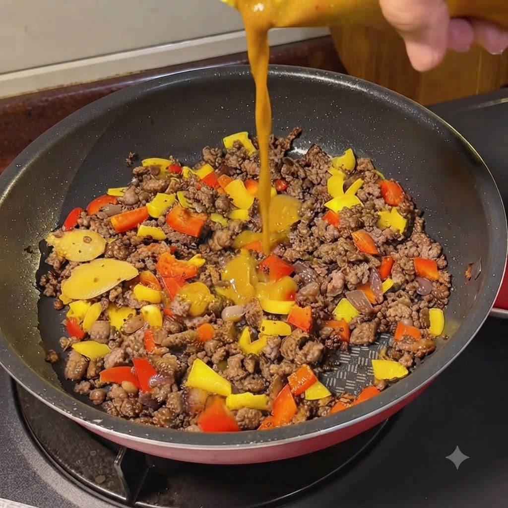 Acqua calda versata da un bollitore in una padella di cottura riempita di manzo e ingredienti al curry.