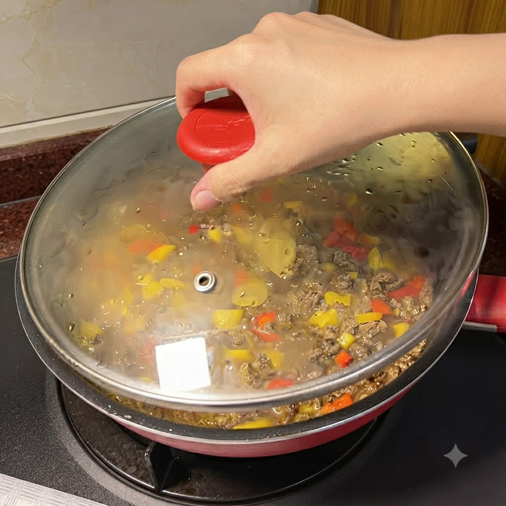 Fette di formaggio posizionate sul composto di manzo al curry in ebollizione allinterno di una padella coperta.
