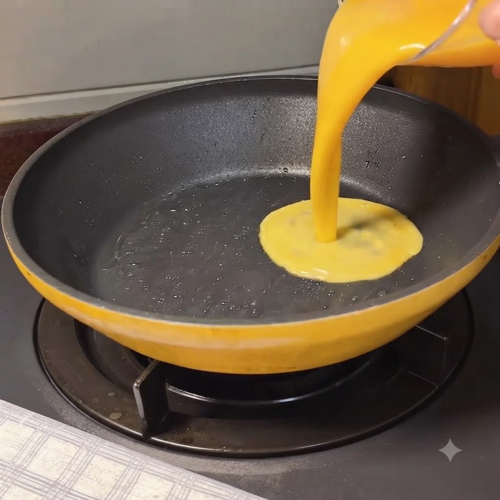 Uova sbattute versate in una padella riscaldata per creare una frittata morbida.