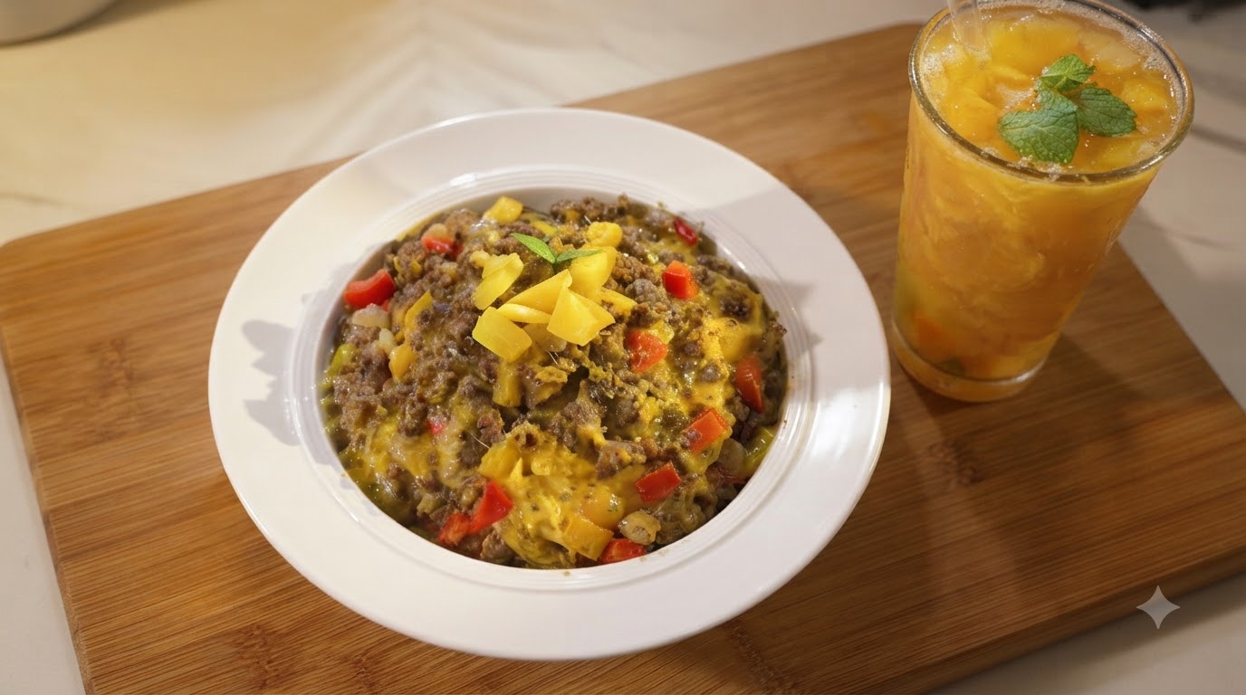 Ciotola diriso con manzo al curry e formaggio e tè Oolong alla pesca