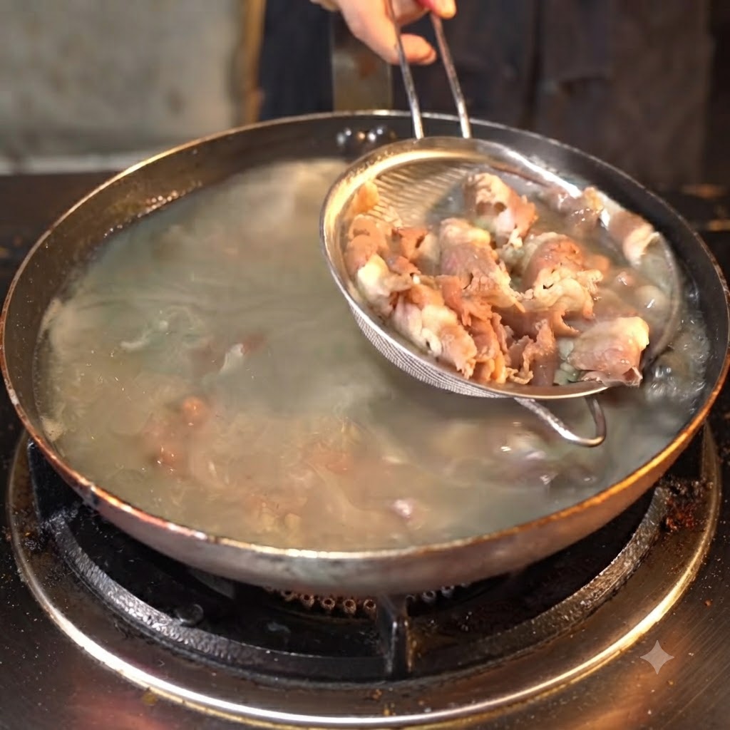 Un colino che raccoglie involtini di manzo bolliti da una padella dacqua.