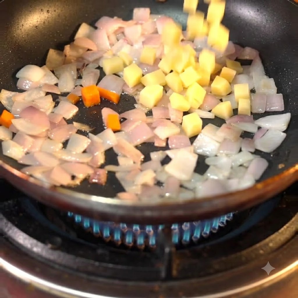 Patate e carote a dadini aggiunte nella padella con le cipolle soffritte.