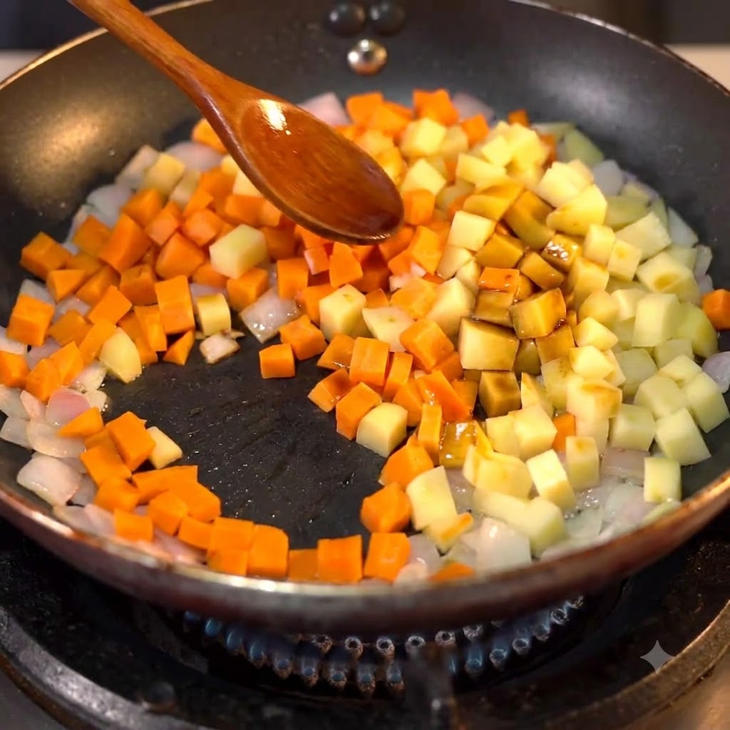 Salsa di soia chiara versata sul composto di patate e carote in una padella.