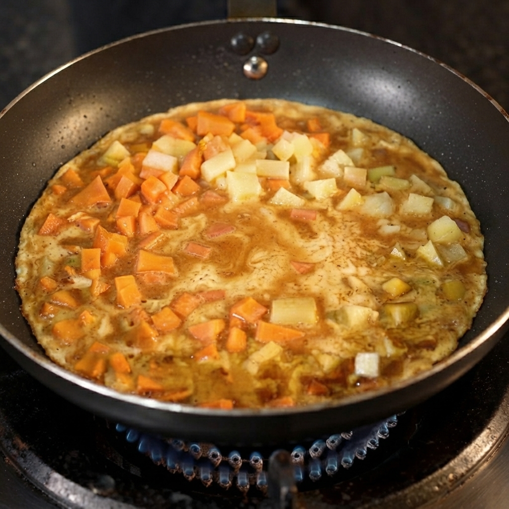 Acqua pulita aggiunta al composto in padella contenente verdure e latte.
