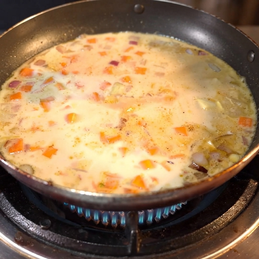 Blocchi di curry adagiati allinterno della miscela di liquidi in ebollizione nella padella.