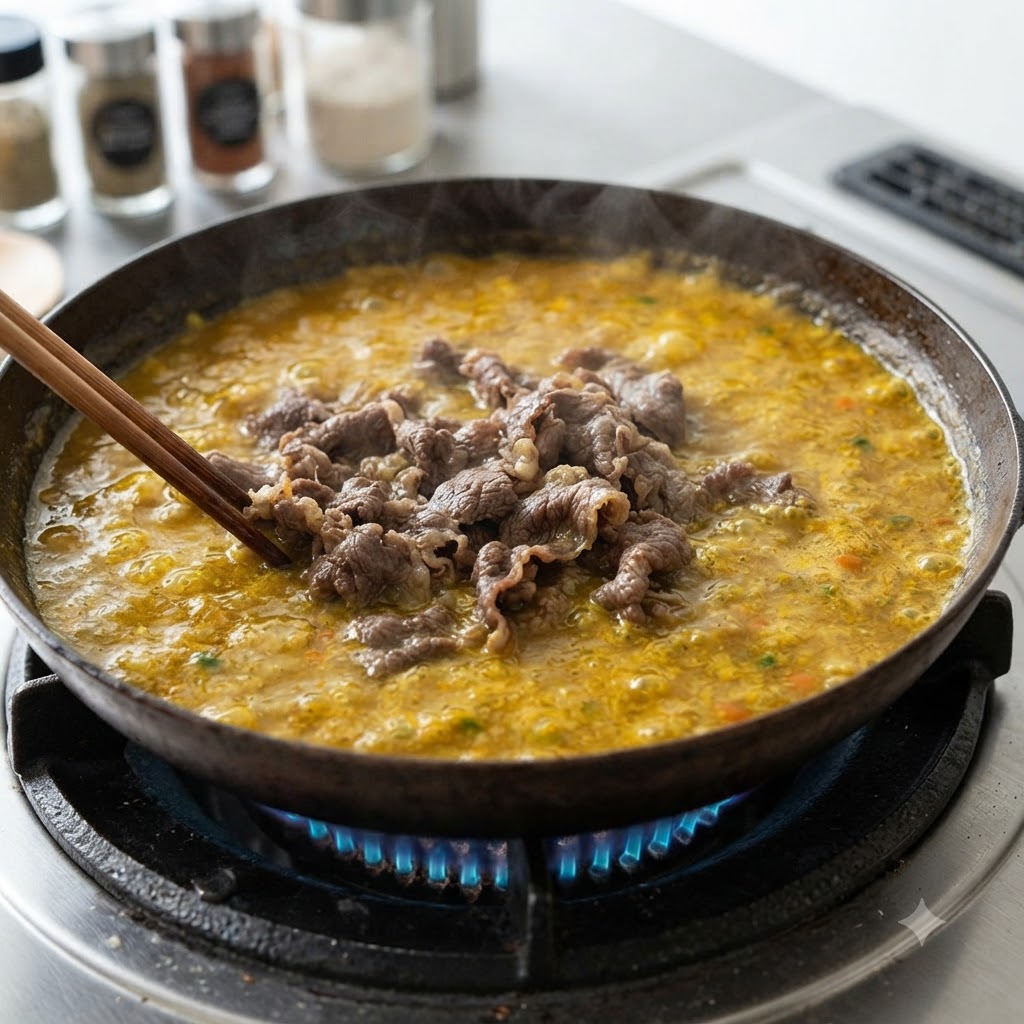 Fettine di manzo mescolate con le bacchette allinterno di una salsa al curry gialla e ribollente in una padella su un fornello a gas.