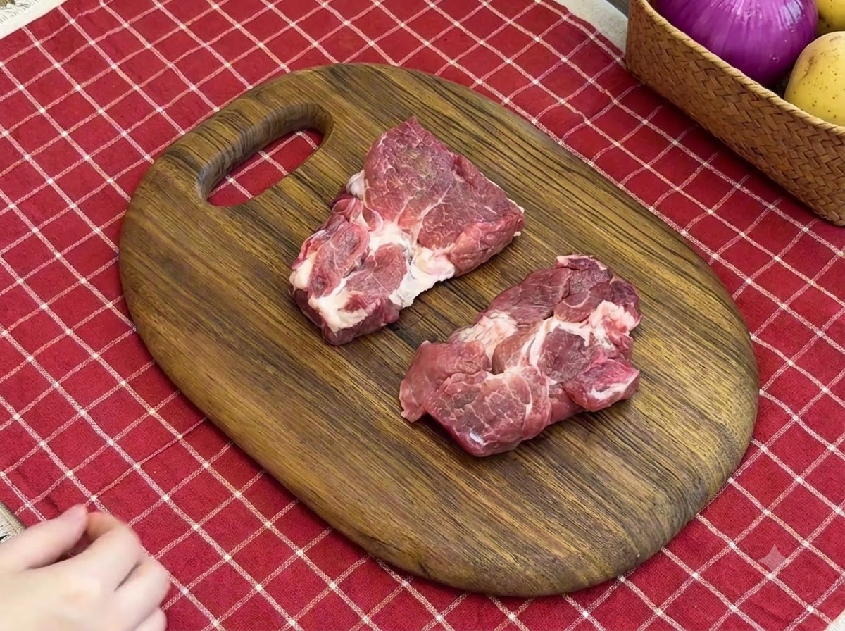Due braciole di maiale crude su un tagliere di legno, preparate con un utensile affilato.