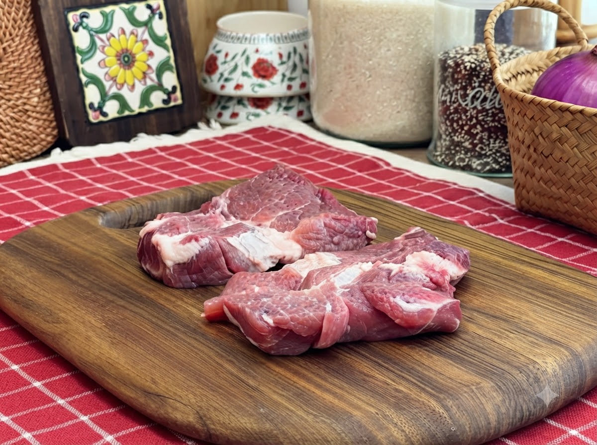 Braciole di maiale crude condite su un tagliere di legno prima della marinatura.