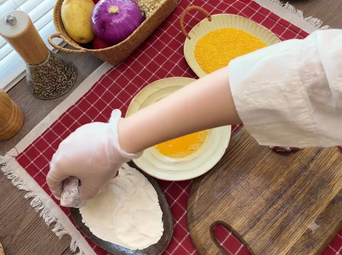 Una mano guantata che ricopre un pezzo di carne con la farina accanto a ciotole con uovo sbattuto e pangrattato.