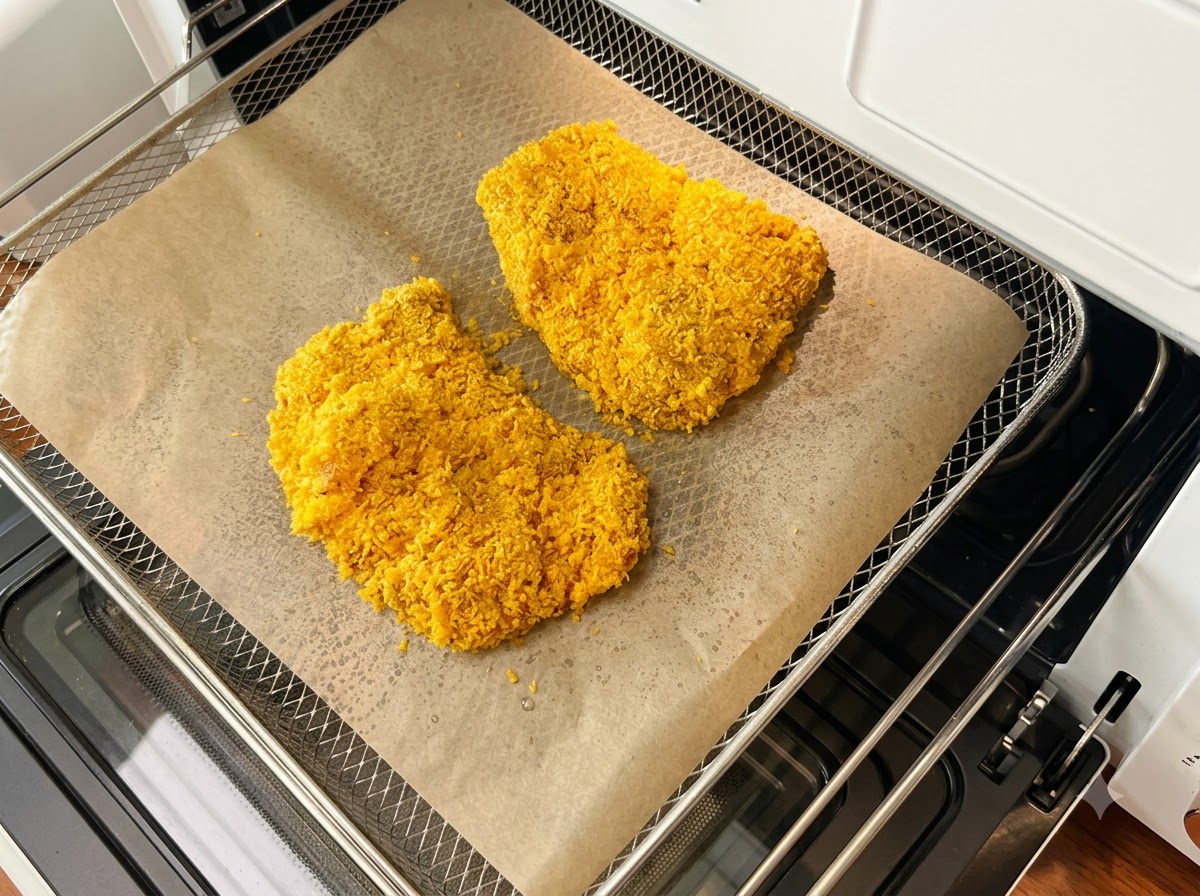 Cotolette ricoperte di pangrattato disposte su carta forno allinterno di una teglia.