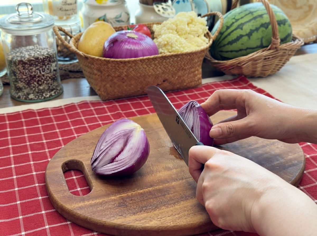 Cipolla rossa affettata e tritata con un coltello da cucina affilato su un tagliere di legno rotondo.