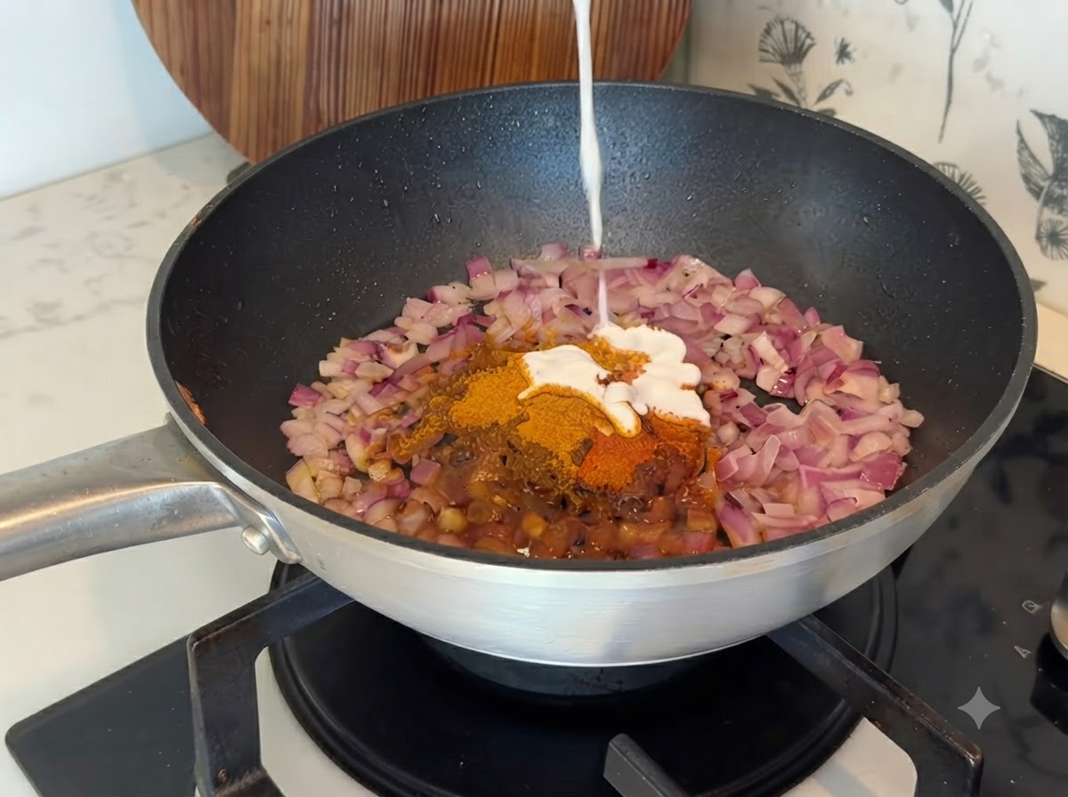 Latte di cocco versato dallalto nella padella con le spezie e le cipolle.