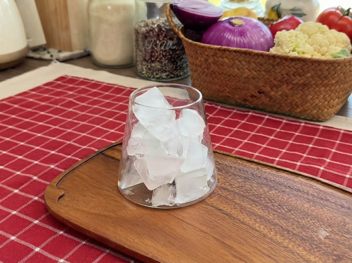 Cubetti di ghiaccio che riempiono il fondo di un bicchiere trasparente su un vassoio di legno.