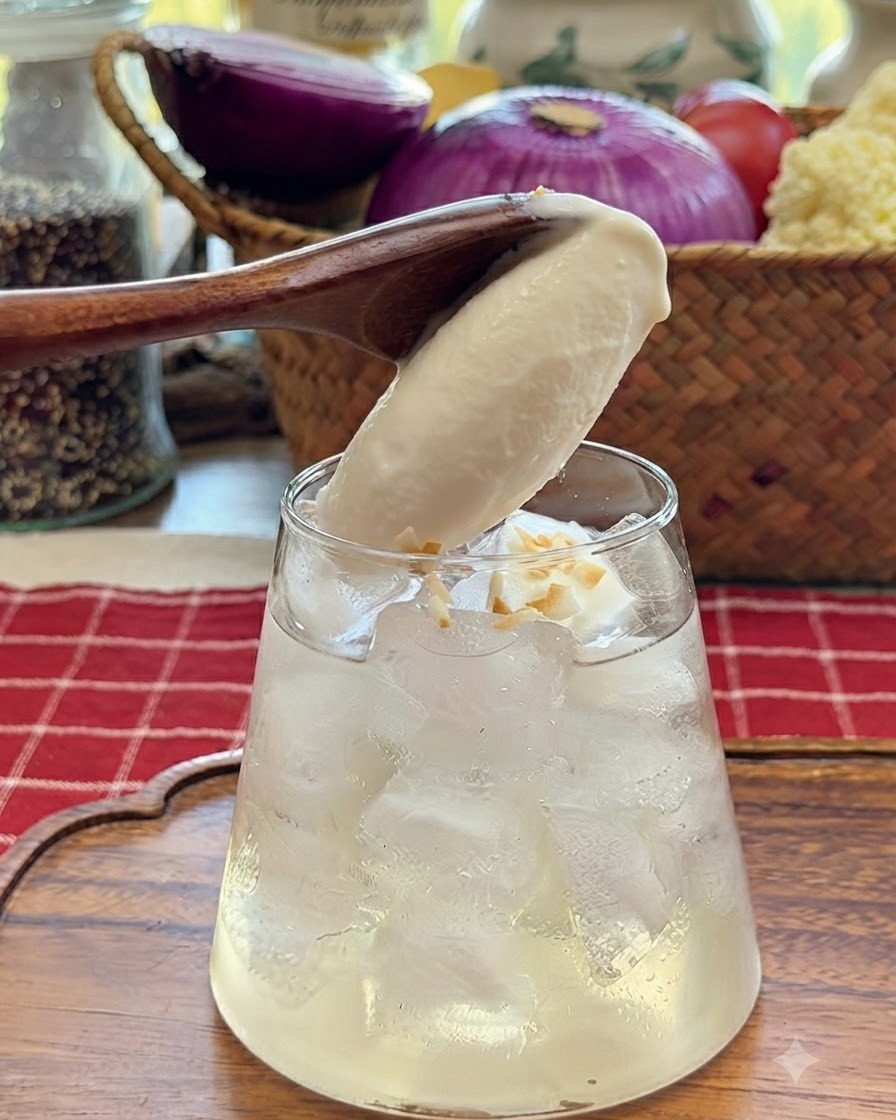 Un cucchiaio di legno che aggiunge una pallina di gelato in cima a una bevanda al cocco guarnita con scaglie di cocco.