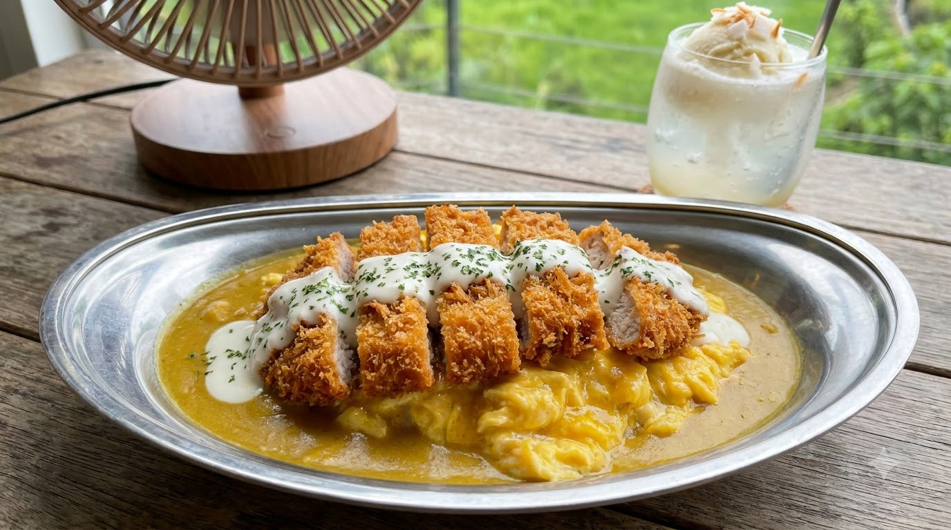 Riso con Cotoletta di Maiale Croccante al Forno e Curry al Cocco