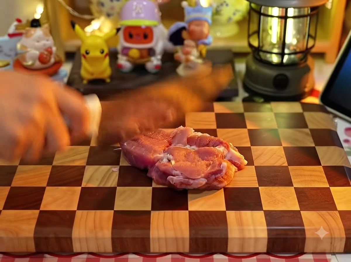 Una mano che usa un coltello da cucina per incidere un pezzo di carne cruda di maiale su un tagliere in legno a scacchi.