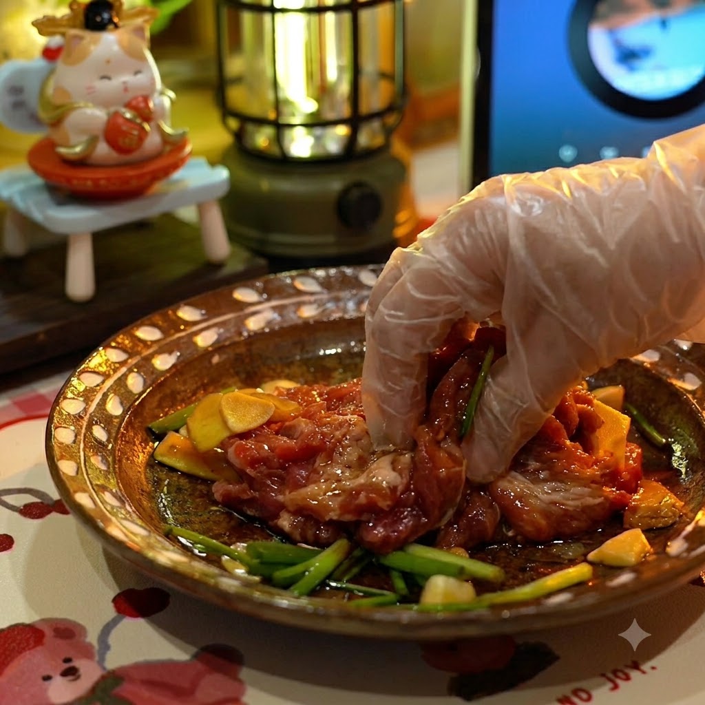 Una mano guantata che massaggia la marinatura e gli aromi nei pezzi di maiale crudo allinterno di una ciotola di ceramica.