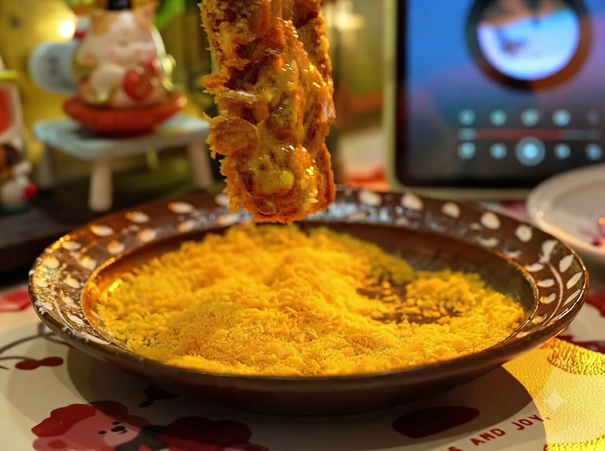 Una cotoletta di maiale premuta in un piatto fondo pieno di pangrattato panko dorato per ricoprirla completamente.